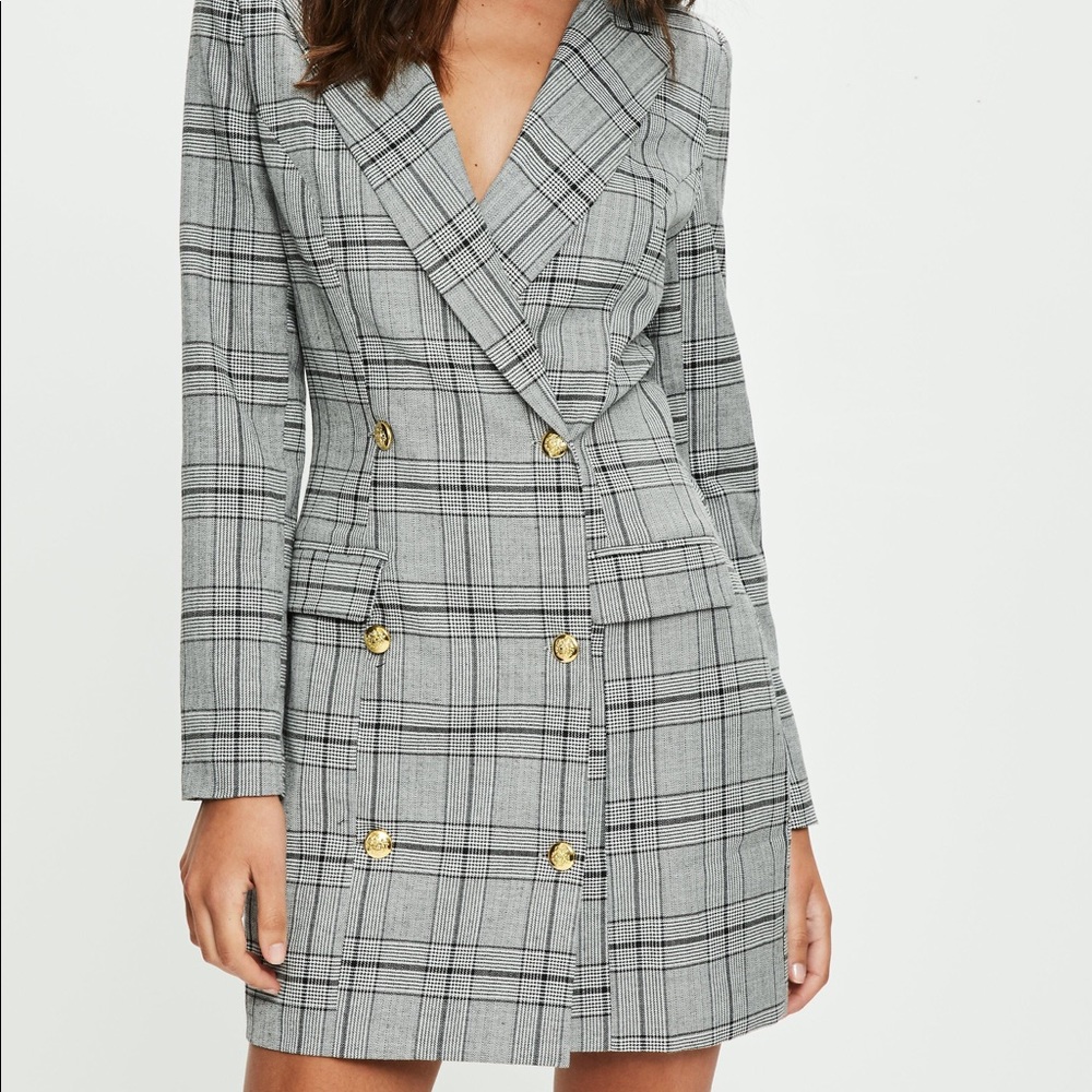 Misguided Gray Plaid Button Front Blazer Dress